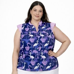 Nancy Lopez Flamingo Golf Top NWT 2X Navy Lilac Moisture Wick Delux Dri